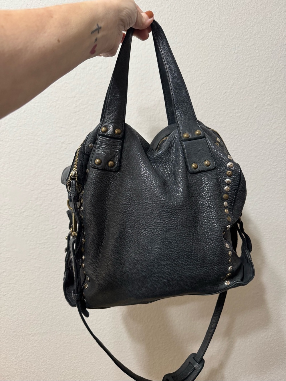 Black Studded Leather Shoulder Tote - Women